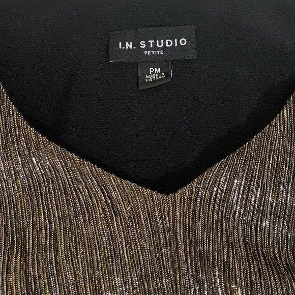 IN STUDIO Top Women's Medium Petite Gold Black Metallic Sparkly Split Blouse - Picture 5 of 8